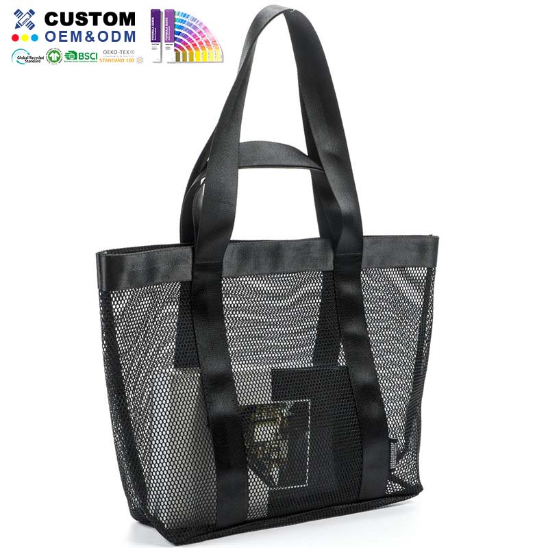 Black Polyester Air Mesh Beach Tote Bag