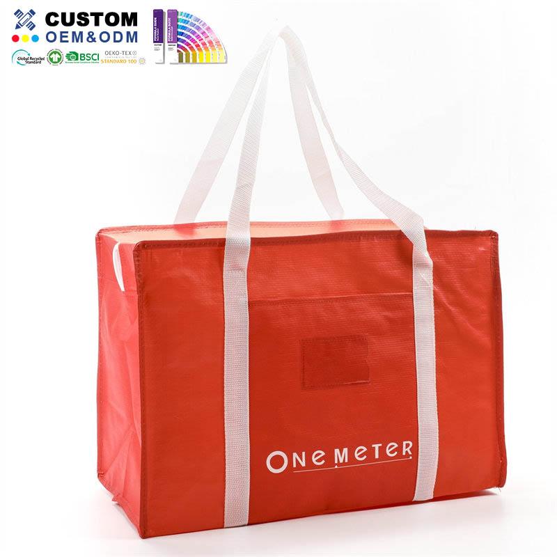 Red PP Woven Zipper Bag White Wide Handle