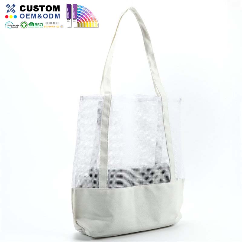 White Canvas Beach Bag with Polyester Mesh